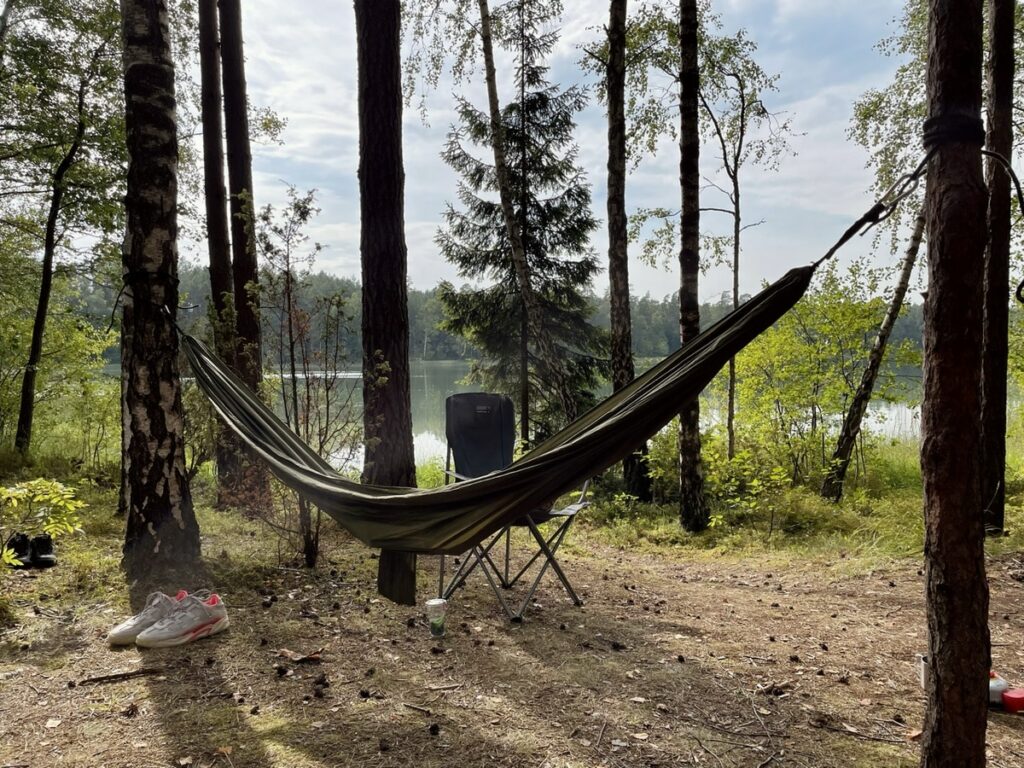 hammock next to a lake